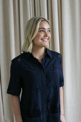Navy Eyelet Shift Dress