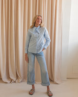 Tie Neck Button Up- Blue Stripe