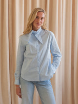 Tie Neck Button Up- Blue Stripe