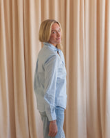 Tie Neck Button Up- Blue Stripe