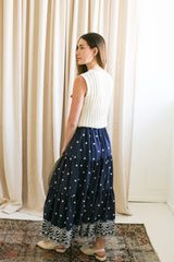Navy Embroidered Midi Skirt