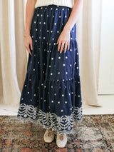 Navy Embroidered Midi Skirt