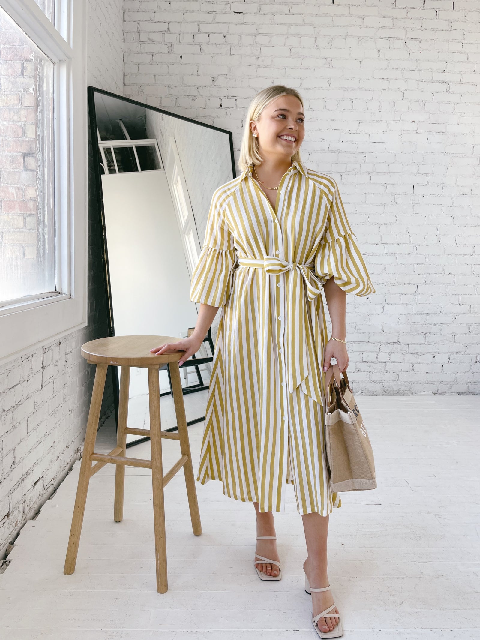 yellow stripe shirt dress Women's Kimora Medium inspired pocket details DAY & MOON STRIPED SHIRT