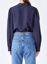 Scallop Silk Blouse - Navy