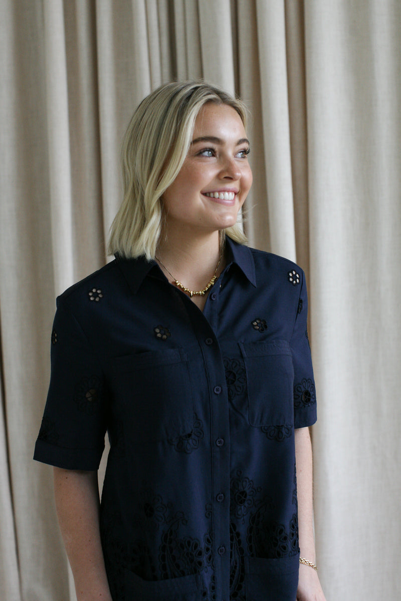 Navy Eyelet Shift Dress