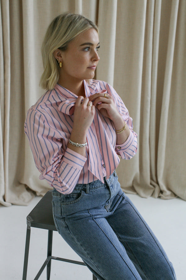 Stacey Striped Bow Button Up