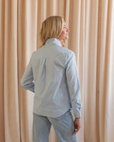 Tie Neck Button Up- Blue Stripe