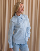 Tie Neck Button Up- Blue Stripe
