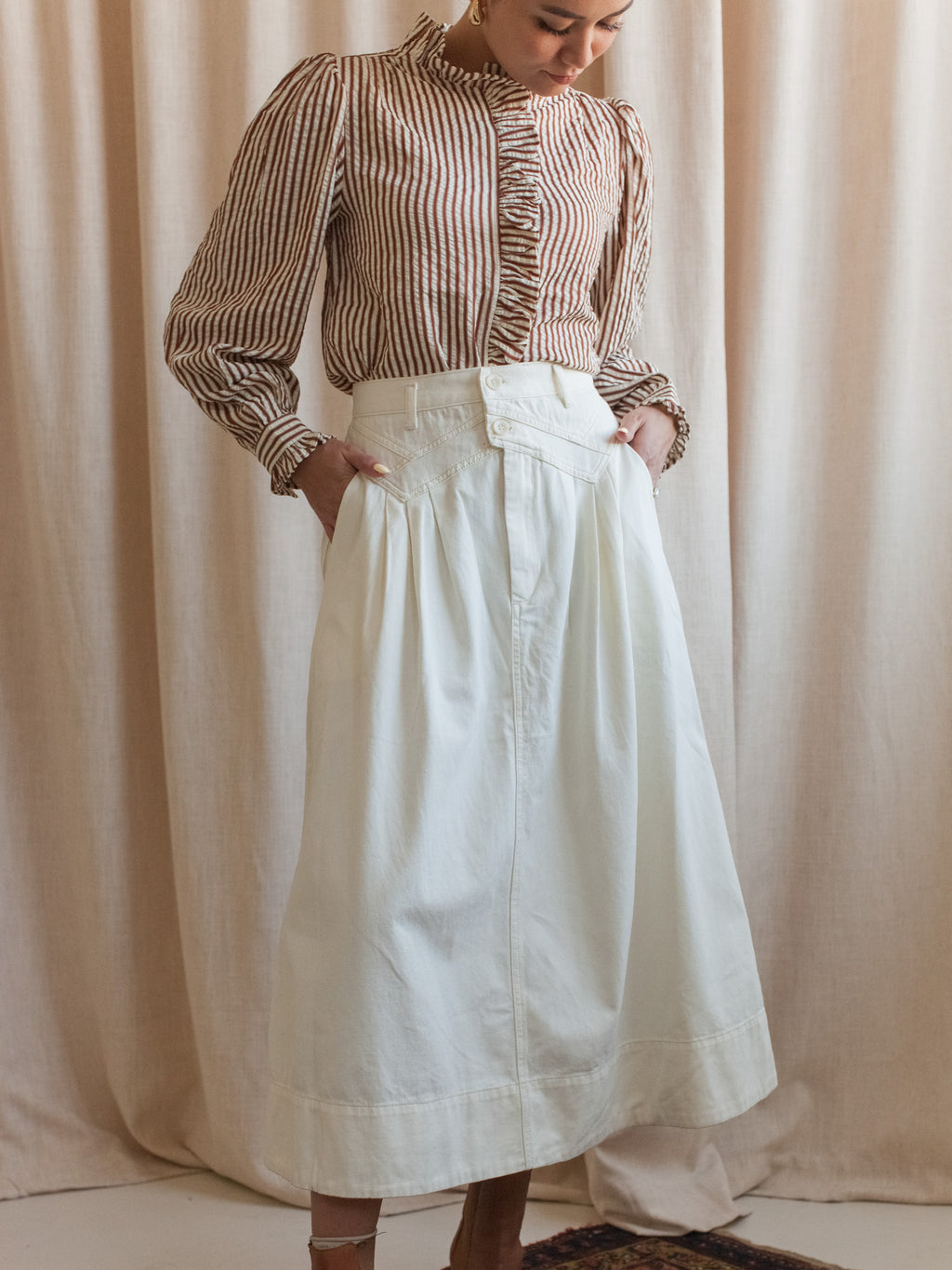 Ivory Pleated Midi Skirt in Ivory