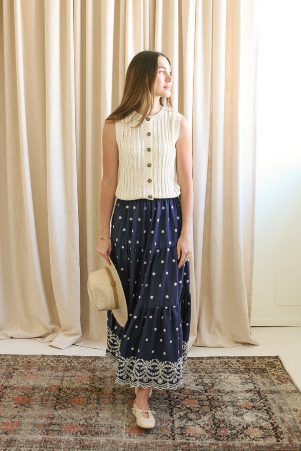 Navy Embroidered Midi Skirt