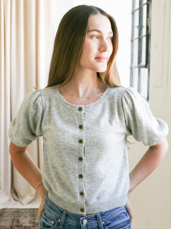 Scallop Puff Sleeve Cardigan- Gray