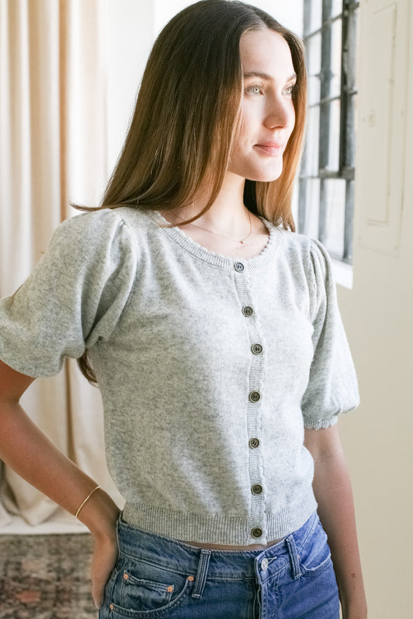 Scallop Puff Sleeve Cardigan- Gray